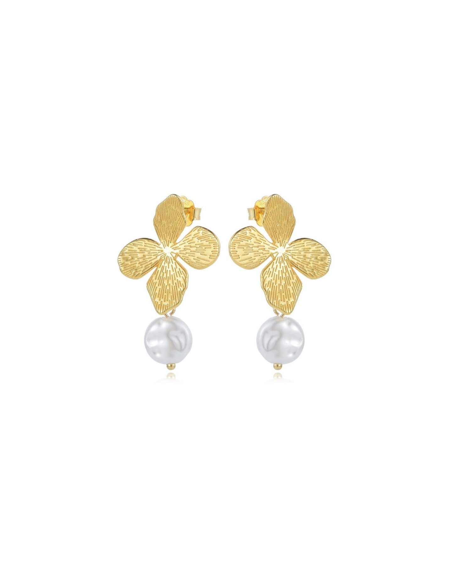 Candella Flower Clover Pearl Drop Earrings Gold