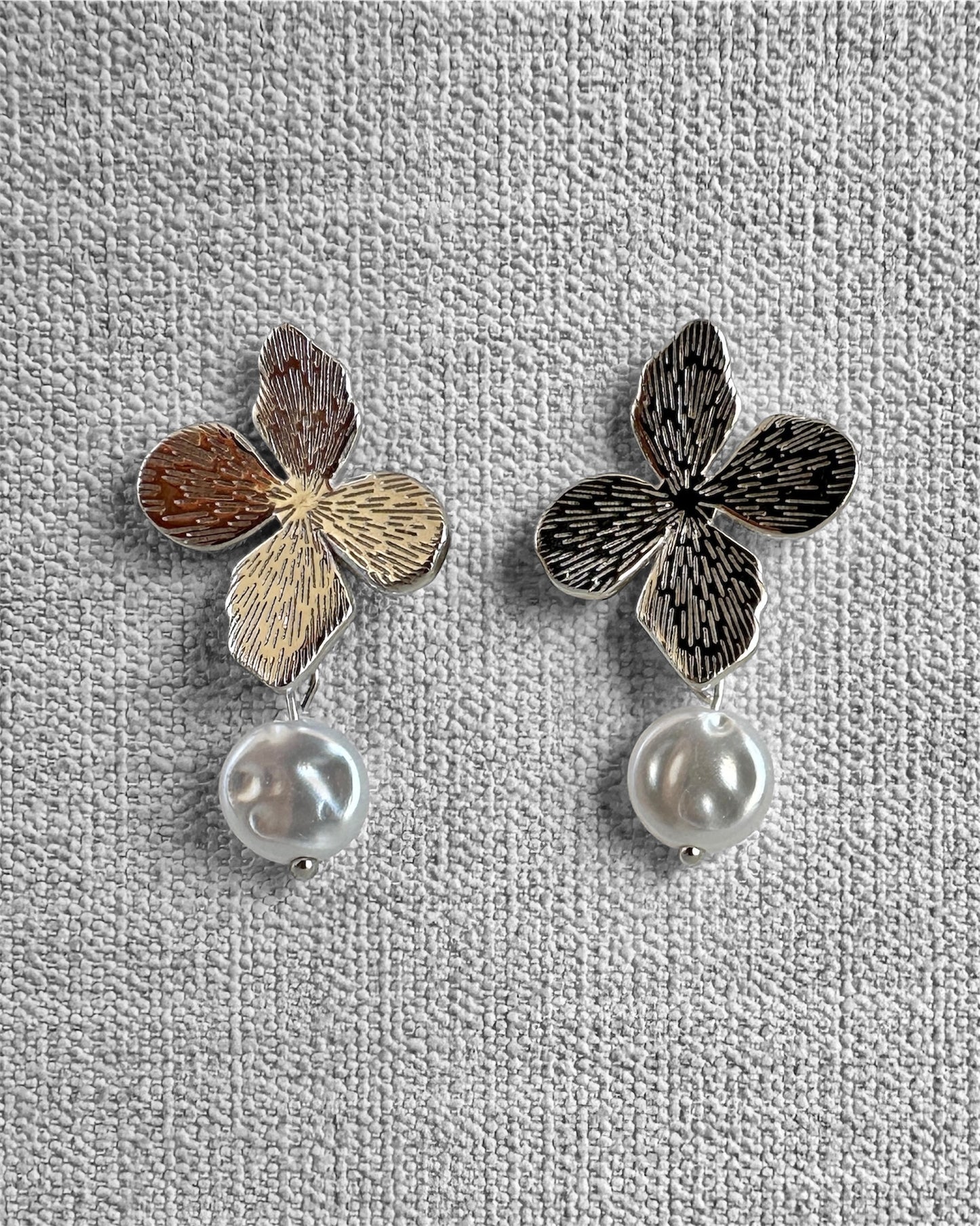 Candella Flower Clover Pearl Drop Earrings Silver