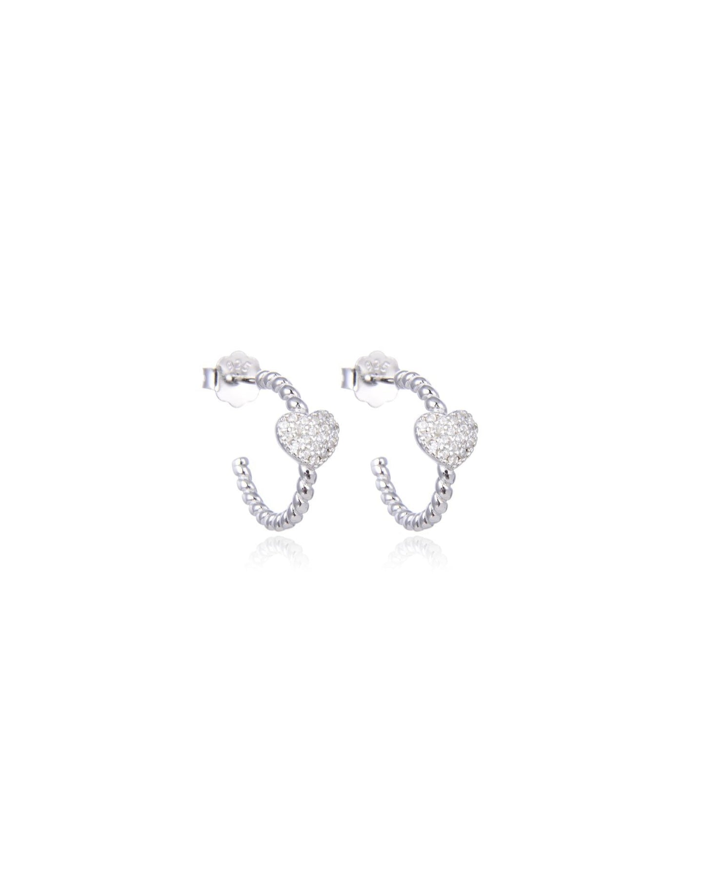 Twisted Half Hoop Earrings with Heart Silver