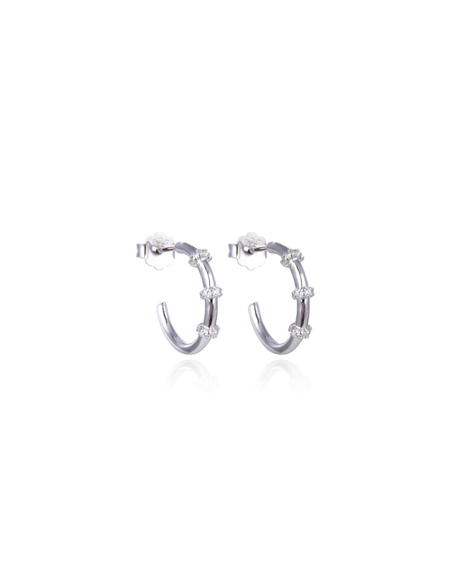 Candella Beaded CZ Half Hoop Earrings Silver