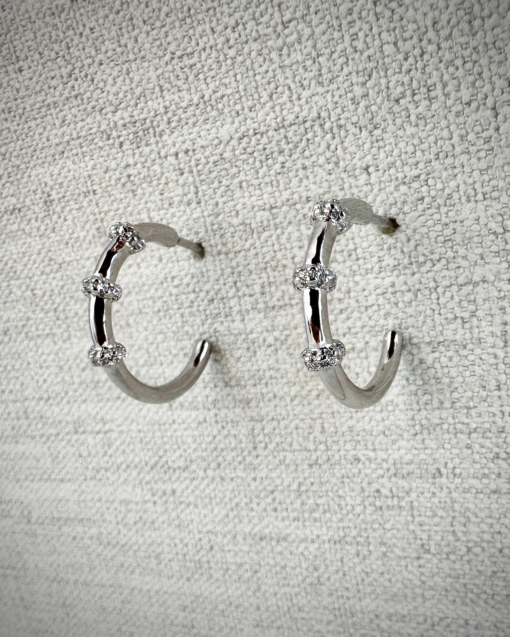 Candella Beaded CZ Half Hoop Earrings Silver