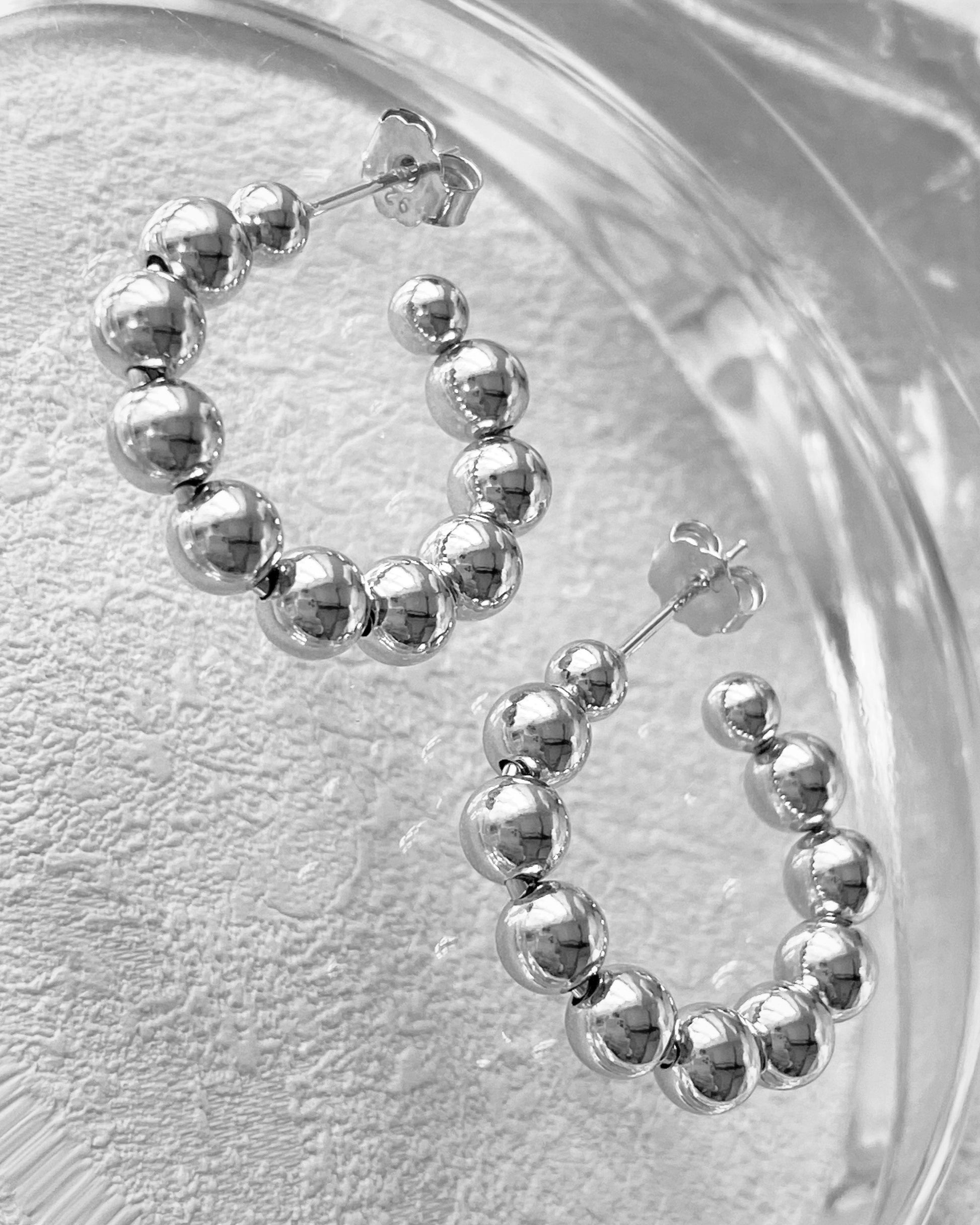 Candella Beaded Half Hoop Earrings Silver