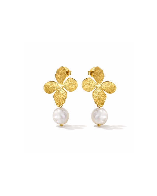 Candella Flower Clover Pearl Drop Earrings Gold