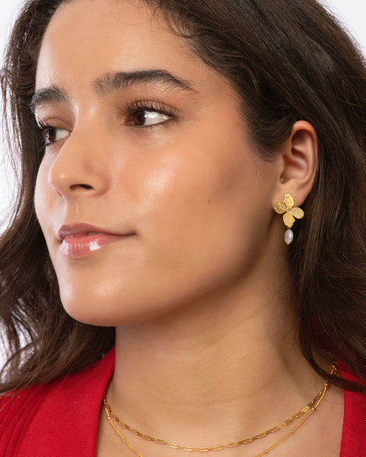 Candella Flower Clover Pearl Drop Earrings Gold