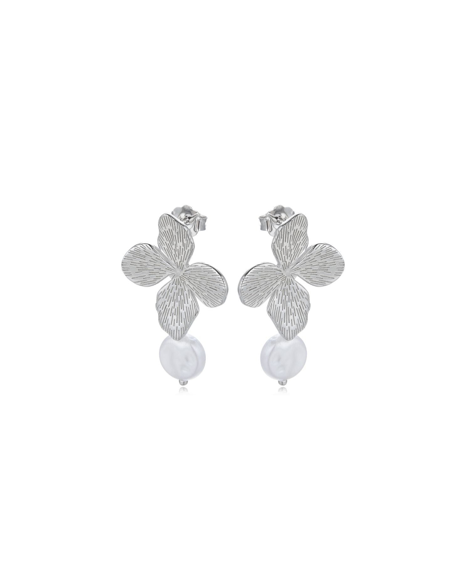 Candella Flower Clover Pearl Drop Earrings Silver