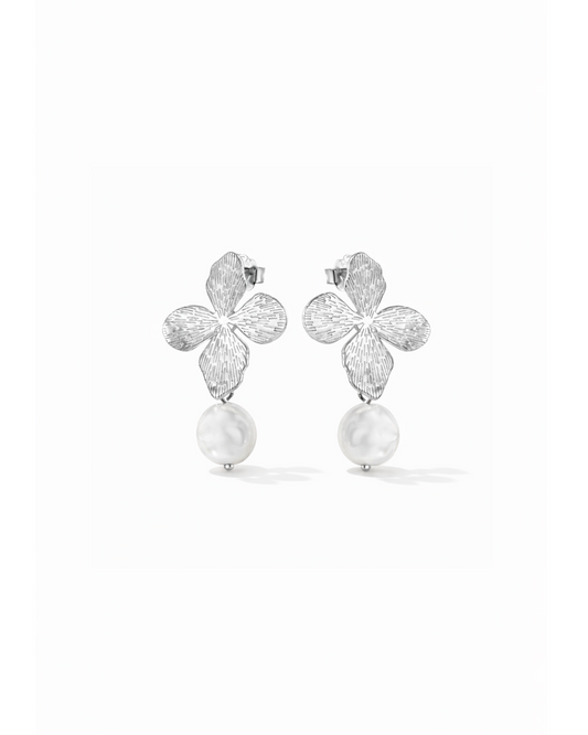 Candella Flower Clover Pearl Drop Earrings Silver