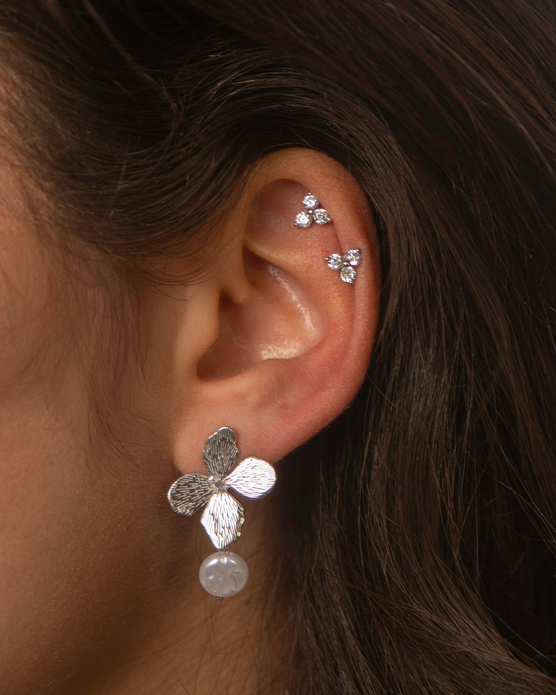 Candella Flower Clover Pearl Drop Earrings Silver