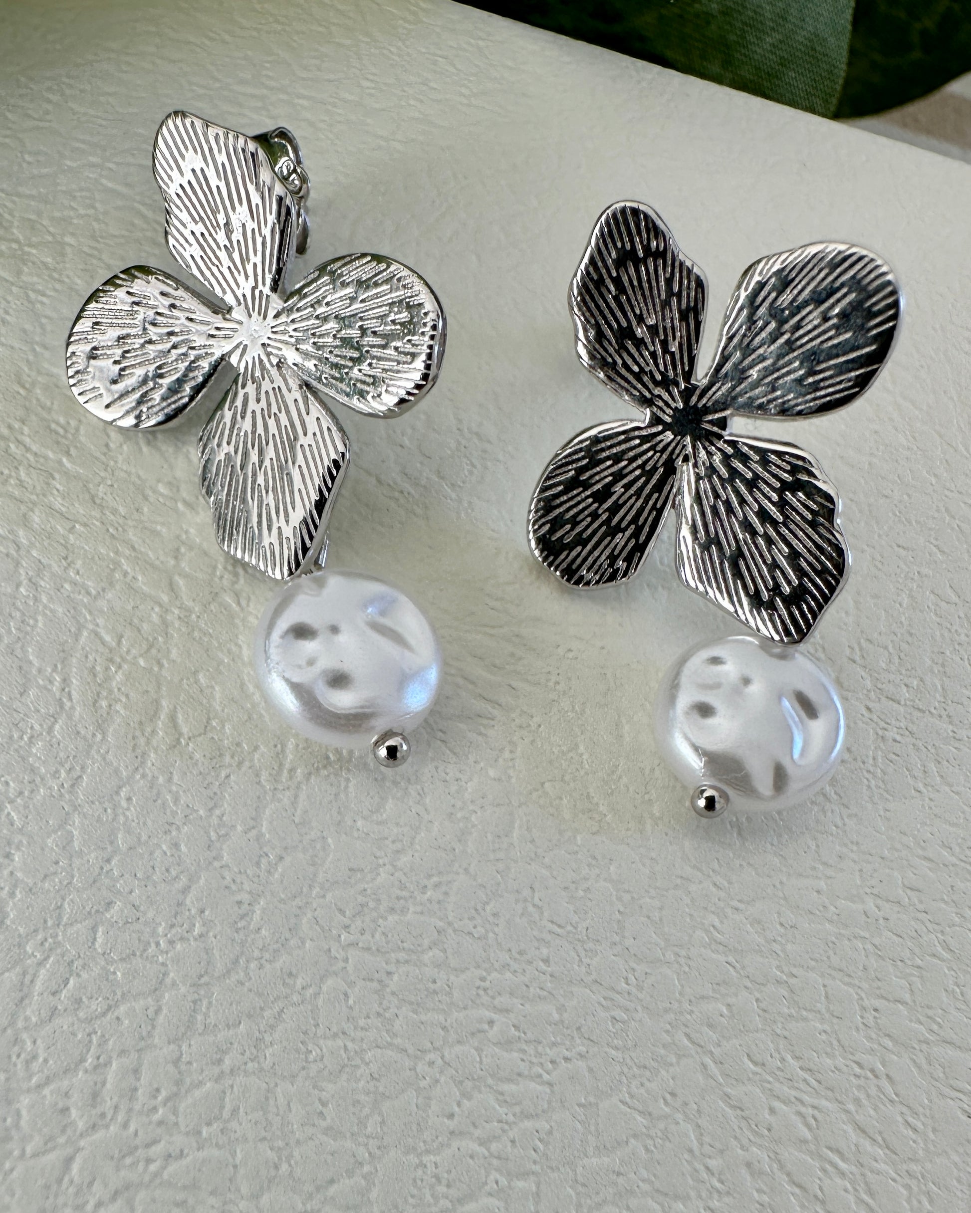 Candella Flower Clover Pearl Drop Earrings Silver