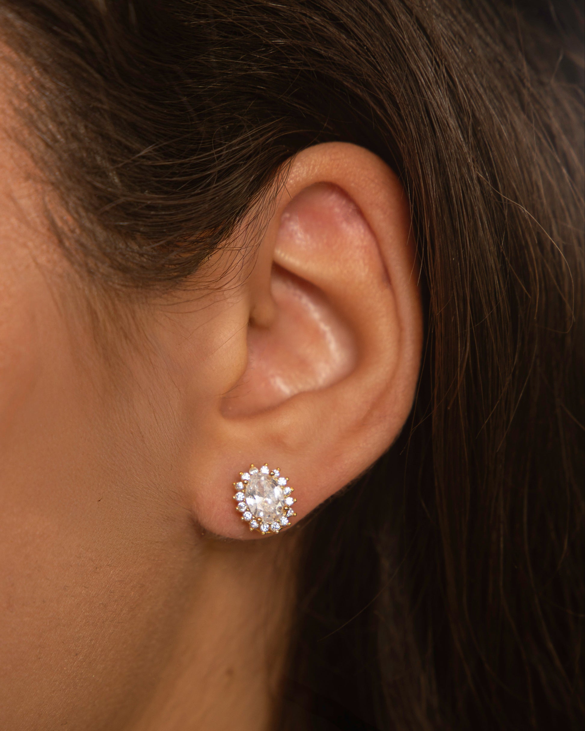 Candella Oval Halo Crystal Stud Earrings Gold