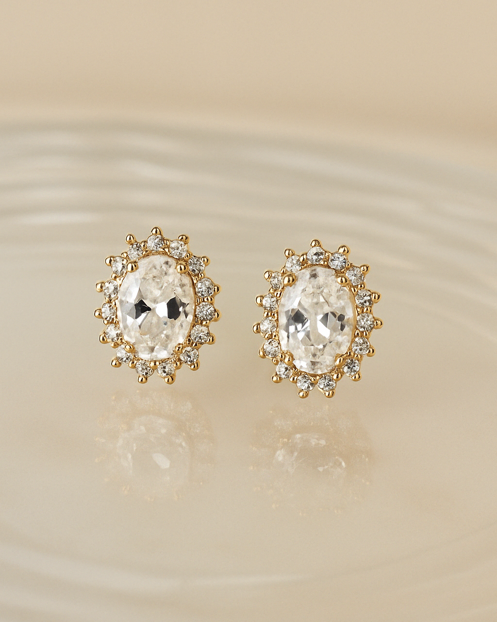 Candella Oval Halo Crystal Stud Earrings Gold