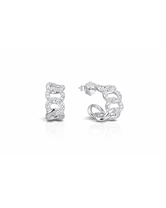 Candella Pave Chain Link Half Hoop Earrings Silver