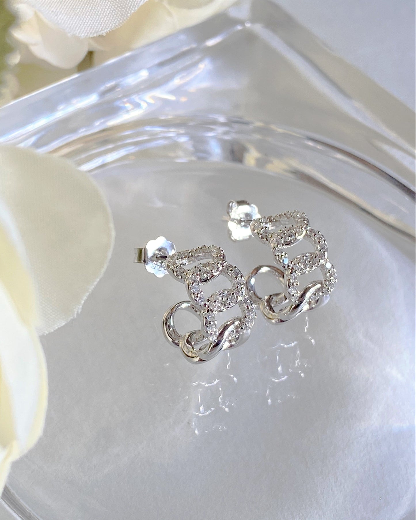 Pavé Chain Link Half Hoop Earrings Silver