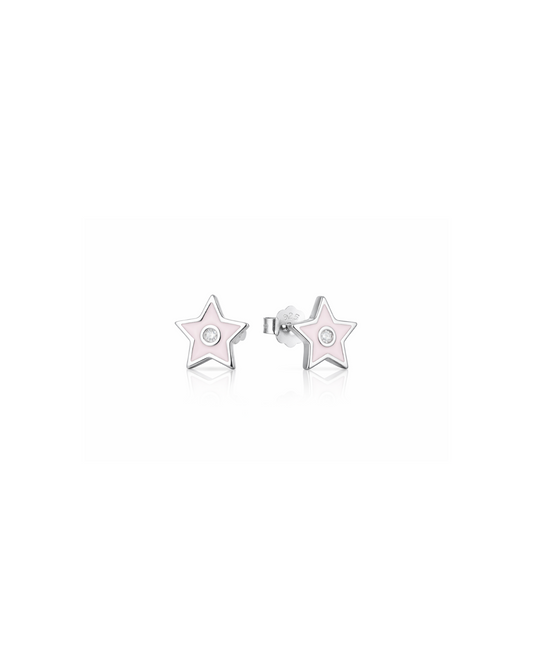 Candella Pink Star Enamel Stud Earrings Silver