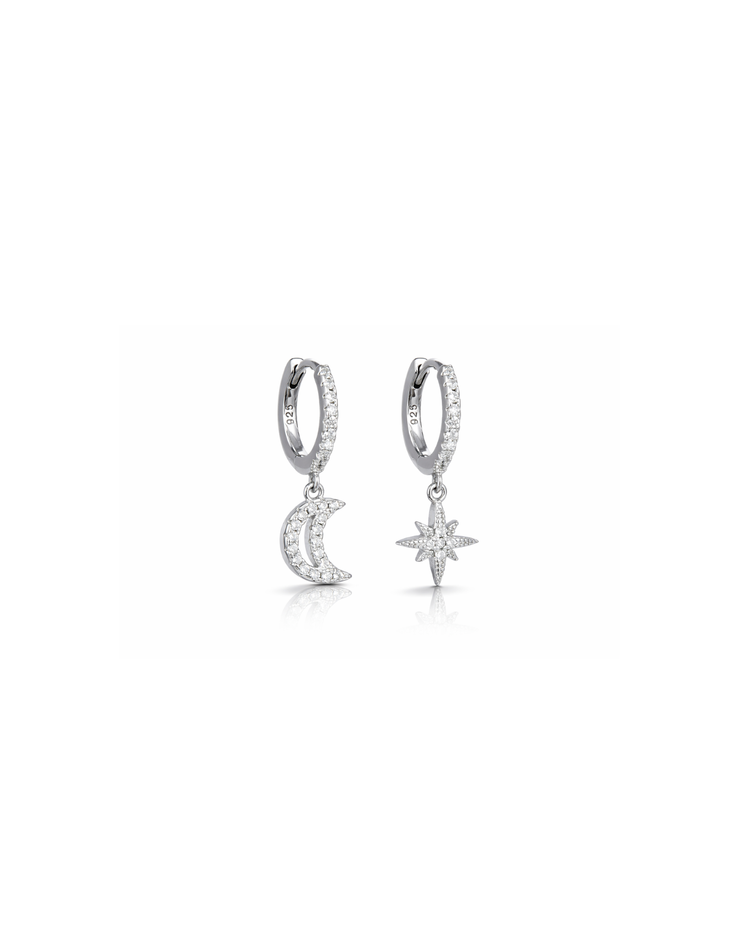 Candella Star and Moon Drop Hoop Earrings Silver