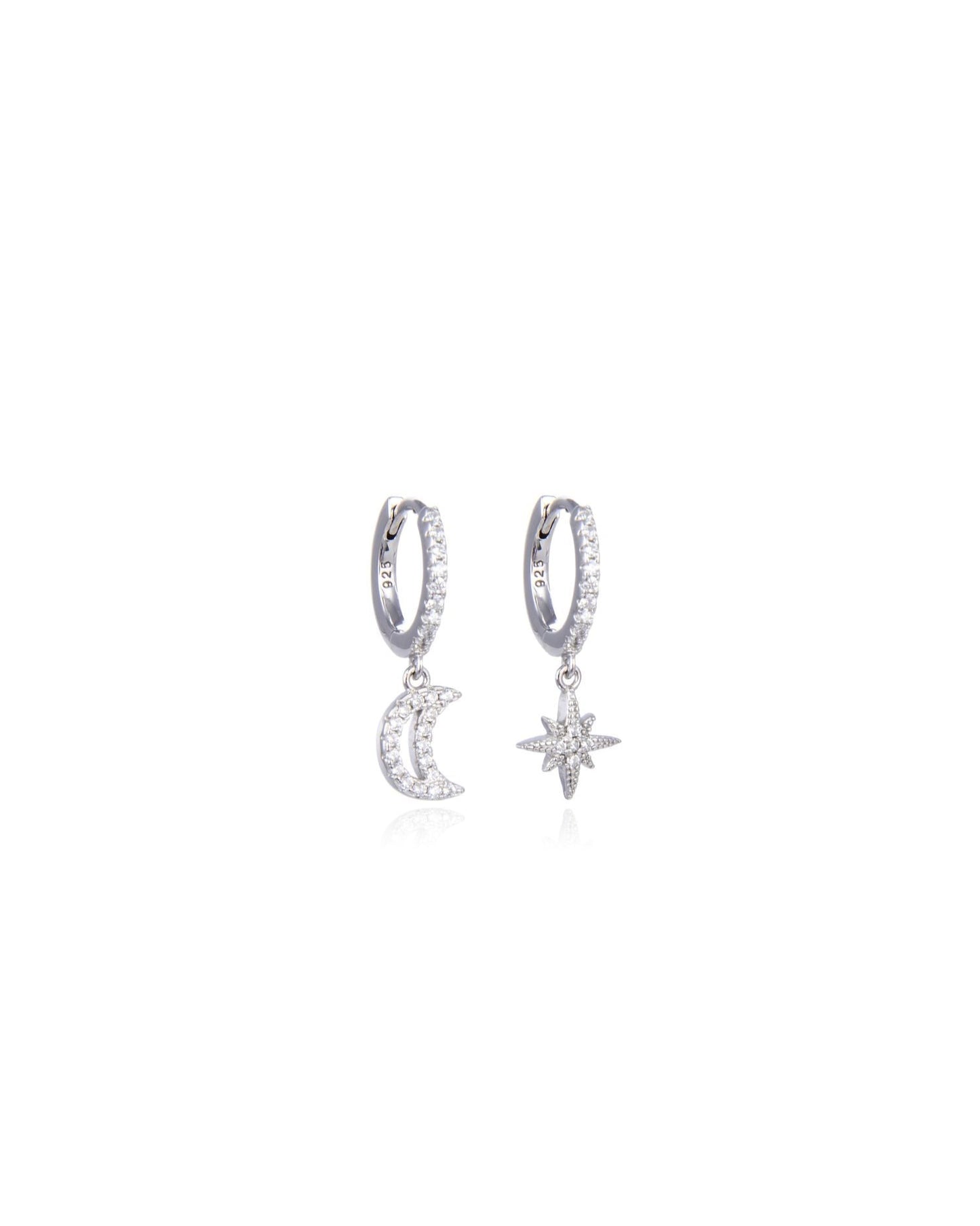 Candella Starand Moon Drop Hoop Earrings Silver