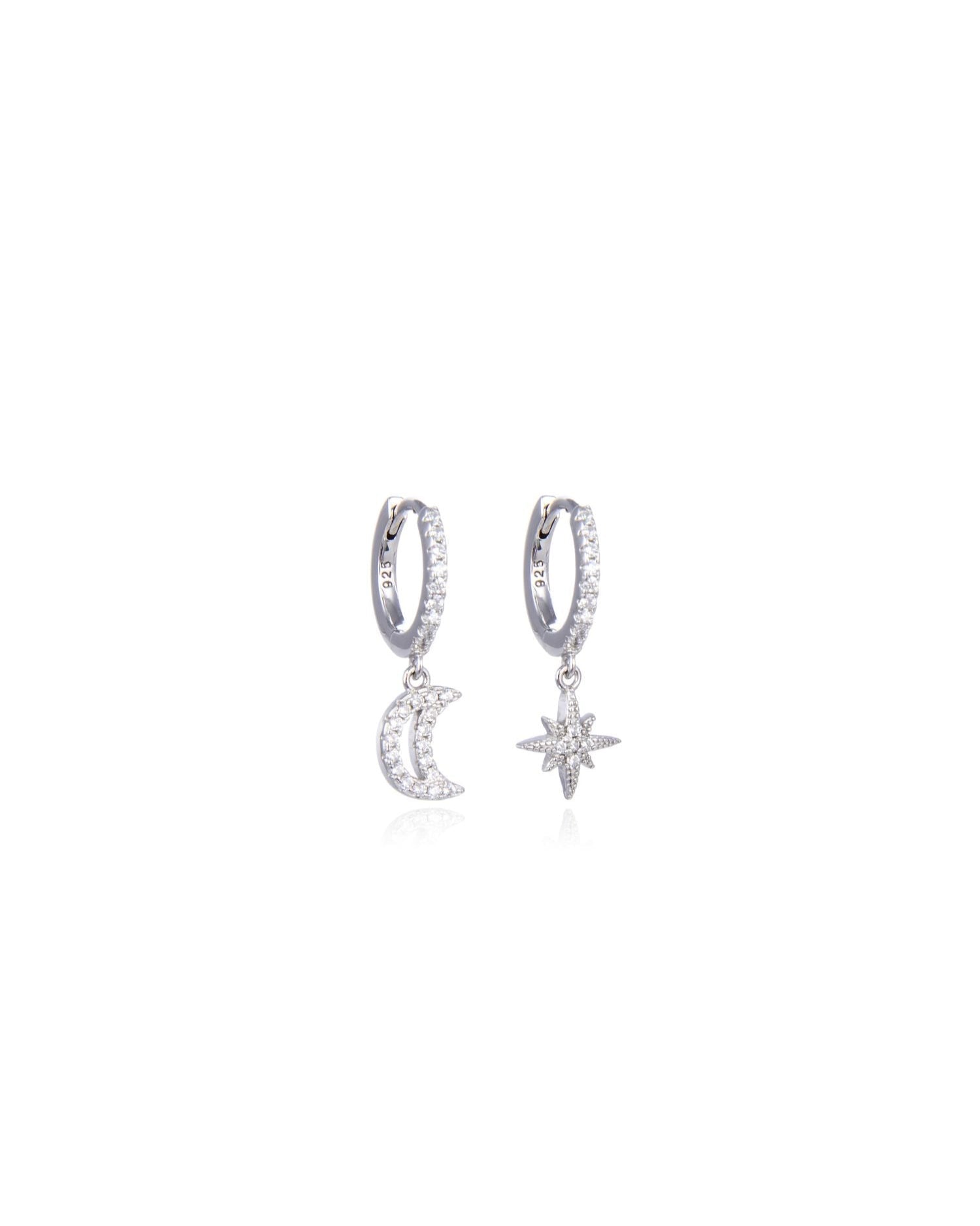 Candella Starand Moon Drop Hoop Earrings Silver