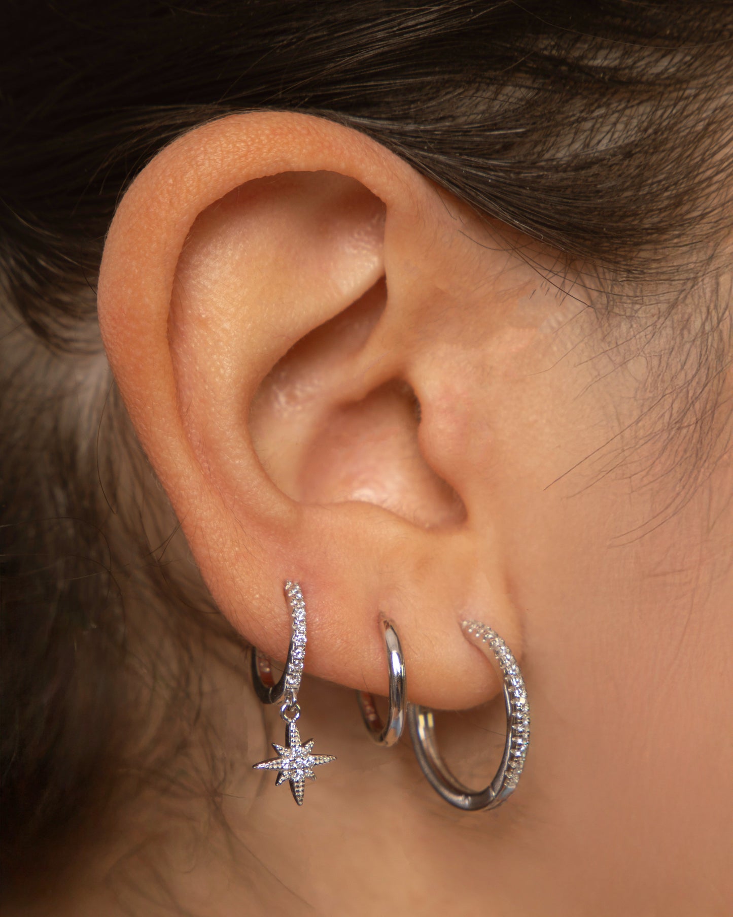 Candella Starand Moon Drop Hoop Earrings Silver