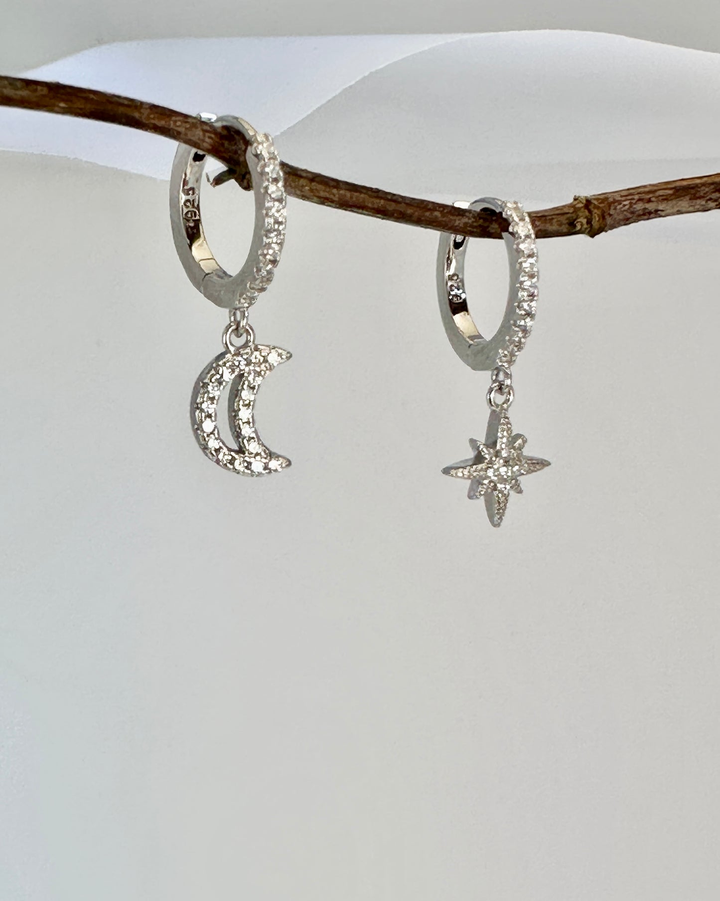 Candella Starand Moon Drop Hoop Earrings Silver