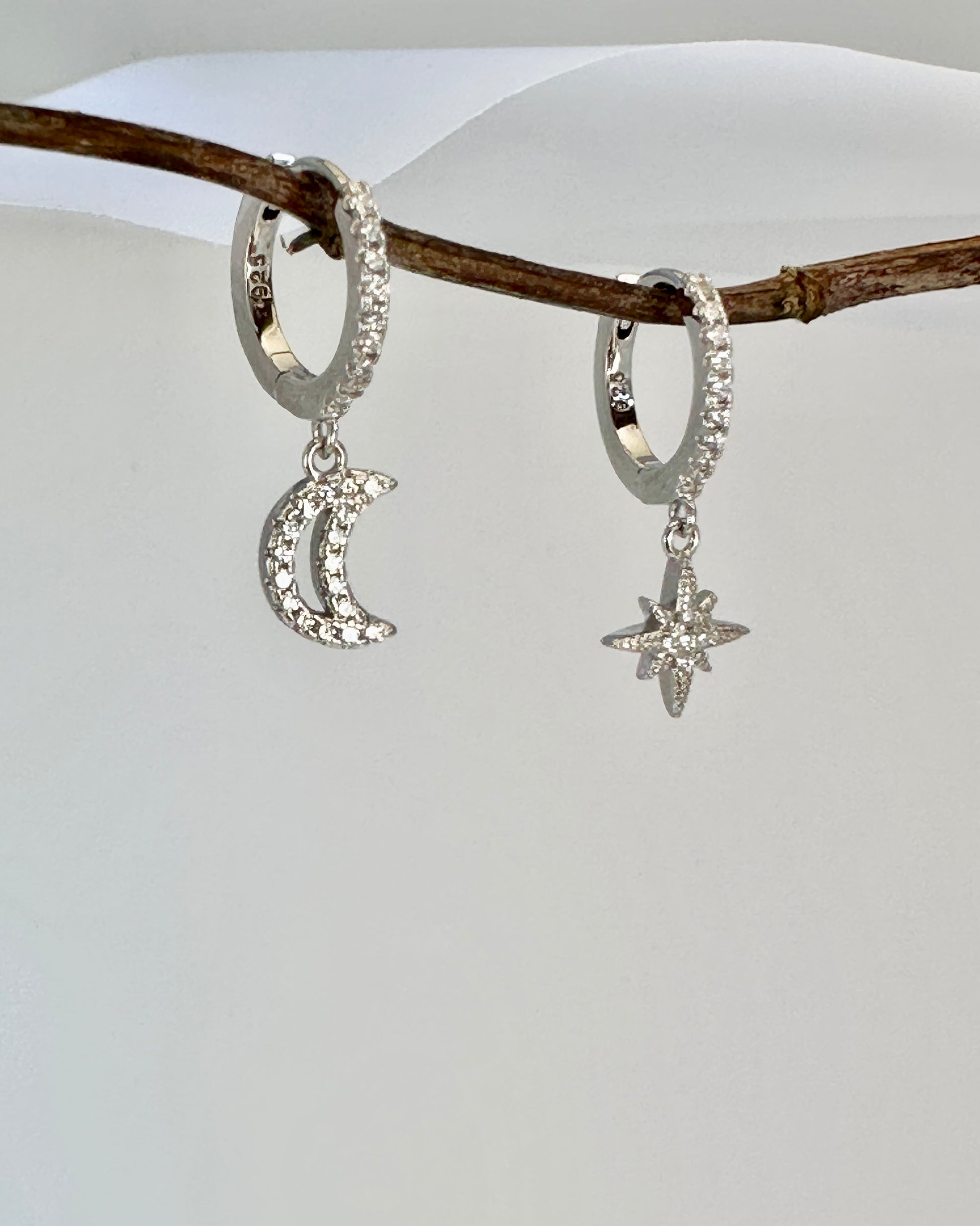 Candella Starand Moon Drop Hoop Earrings Silver