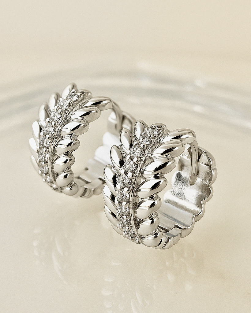Candella Vine Leaf Huggie Hoop Earrings Silver