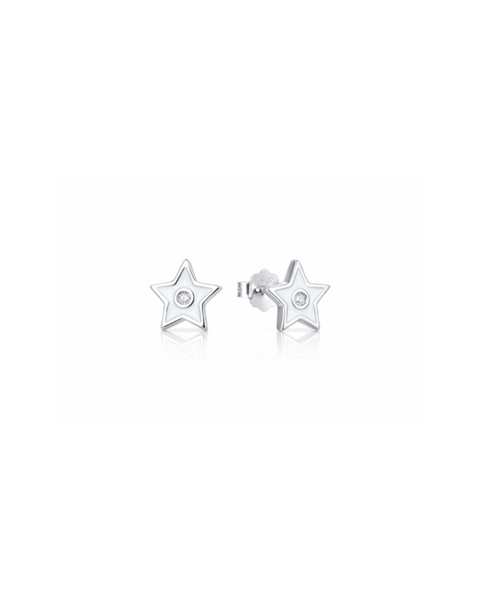 Candella White Star Enamel Stud Earrings Silver